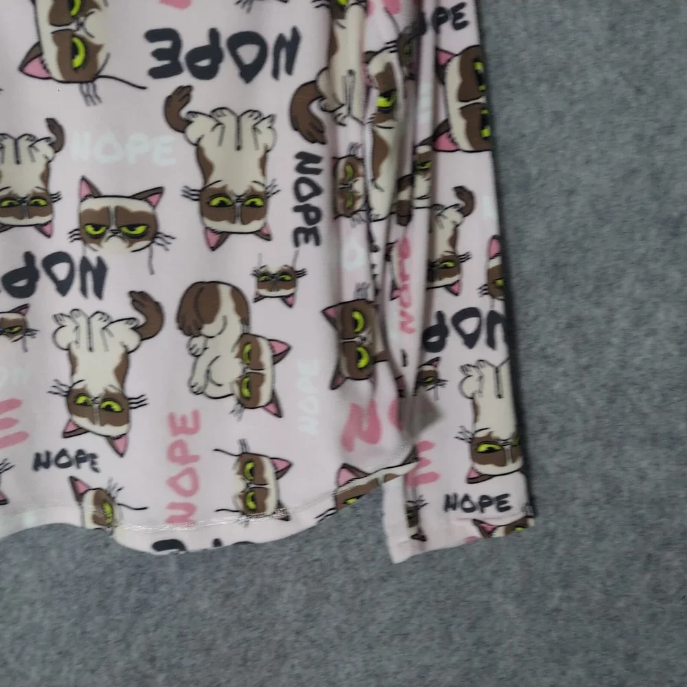 Grumpy Cat Pink Crystal Nope‎ Fleece Pajama Top Small S 4-6 Henley Long Sleeve